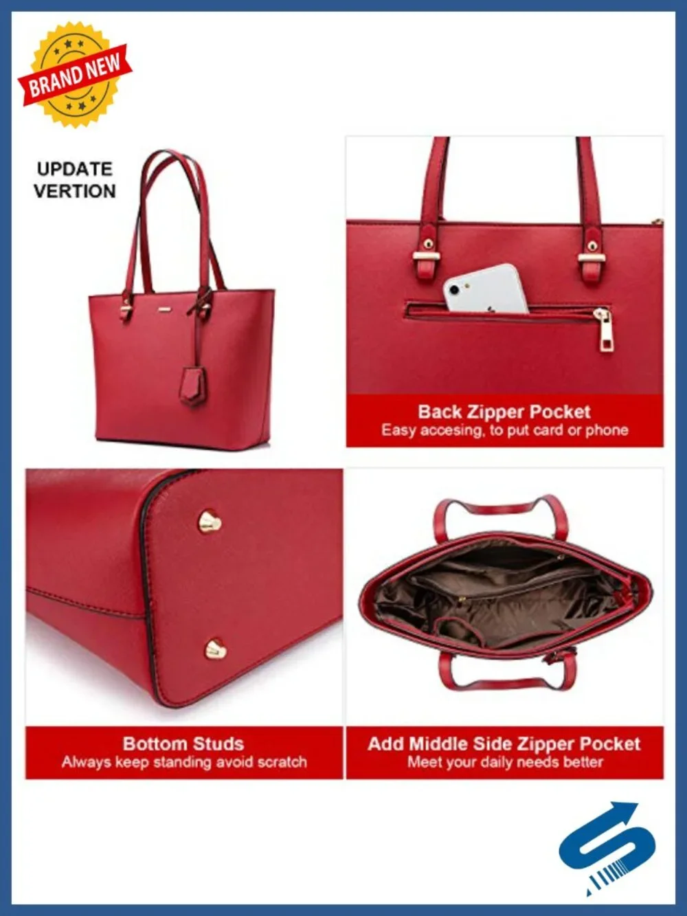Faux Leather Tote Bag with External Zipper Pocket Satchel Purse